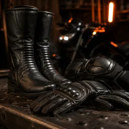 Riding boots, leather gloves and protective gear on dark metal