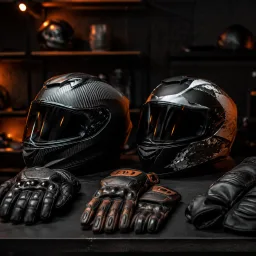 Premium motorcycle helmets and gloves on a dark workbench